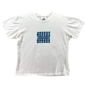 Vintage Adidas Medium White Crop T-Shirt With Blue Logo Graphic & Iconic Brandin